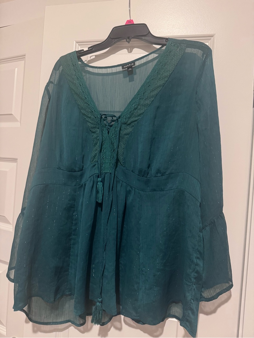 torrid teal lace-up sheer boho blouse